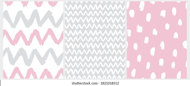 Cute Abstract Geometric Seamless Vector Pattern. Hand Drawn Spots and Chevron Isolated on a White, Gray and Pink Background. Funny Doodle Print. Simple Infantile Style Repeatable Design.