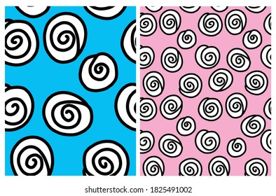 Cute Abstract Geometric Seamless Vector Pattern. White and Black Irregular Swirls Isolated on a Pink and Blue Backgrounds. Funny Doodle Print. Simple Dotted Repeatable Design.