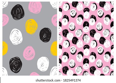 Cute Abstract Geometric Seamless Vector Pattern. White, Pink, Yellow and Black Irregular Brush Spots Isolated on a Pink and Gray Backgrounds. Funny Doodle Print. Simple Dotted Repeatable Design.