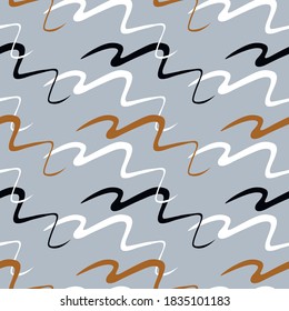 Patrón vectorial abstracto geométrico sin costuras. Líneas multicolores dibujadas a mano sobre un fondo gris-azul. Gracioso patrón zigzag. Diseño simple y repitiendo en un estilo infantil.