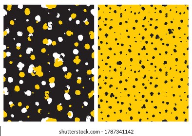 Cute Abstract Geometric Vector Patterns. White, Black and Yellow Irregular Splatters Isolated on a Yellow and Black Backgrounds. Doodle Print. Funny Infantile Style Design.