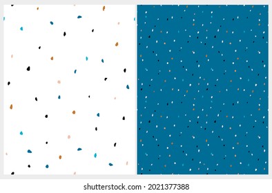 Cute Abstract Geometric Vector Patterns. Small Irregular Colorful Hand Drawn Spots Isolated on a Dark Blue and White Background. Irregular Dotted Print ideal for Fabric, Textile, Wrapping Paper.