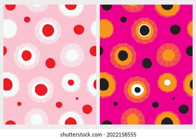 Cute Abstract Geometric Vector Patterns. White, Orange, Red and Black Hand Drawn Spots and Dots Isolated on a Pastel Pink and Magenta Background. Irregular Dotted Print.