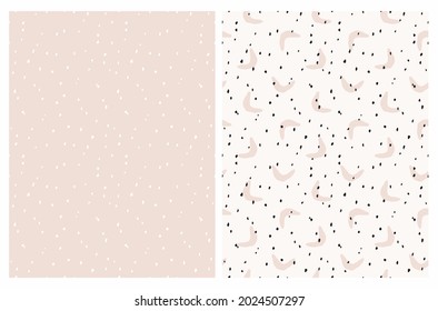 Cute Abstract Geometric Vector Patterns. White and Black Hand Drawn Brush Spots and Dots Isolated on a Beige and Off-White Background. Irregular Simple Abstract Doodle Print.