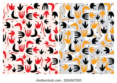 Cute Abstract Geometric Vector Patterns. White, Red and Yellow Hand Drawn Brush Spots and Dots Isolated on a Gray and Pastel Pink Background. Irregular Simple Abstract Doodle Print.
