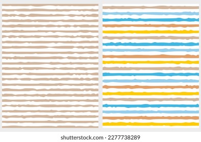 Cute Abstract Geometric Vector Patterns. Blue, Beige, Orange and Yellow Stripes Isolated on a White Background. Irregular Infantile Style Brush Stripes Repeatable Design ideal for Fabric, Textile.