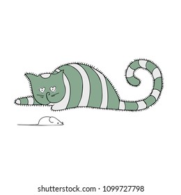 Cute abstract Gray striped cat asleep and sees with loving eyes-hearts looking at the mouse. Hand-Drawn Vector Illustration on a white background.