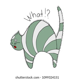 Cute abstract gray tabby cat Scared scared back. The tail is a pipe. Handwritten exclamation text. What!? Emotion of fear, shock, unpleasant surprise. Hand-clipped vector illustration on white backgro