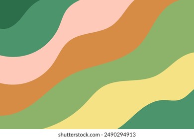 Cute abstract green shades background with natural waves, aesthetic pink, yellow, green multicolor geometric fluid lines pattern. Gradient nature landscape banner.