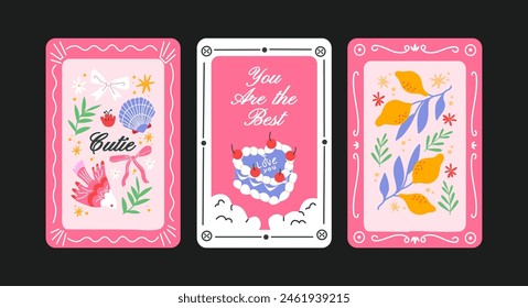 Cute abstract groovy posters in 90s style. Cartoon designs, birthday cards and wall posters. Plants, flowers, cake, bright trendy pattern in doodle style