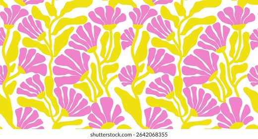 Cute abstract groovy retro boho flower yellow pink in a Seamless Pattern. Vector Illustration.