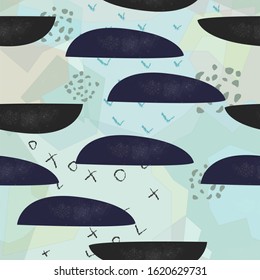 Cute abstract half round shapes on blue. Terracotta Abstract Seamless Pattern. Modern Digital Design. Modern Fashion Scandinavian Style. Contemporary Colors and Design. 