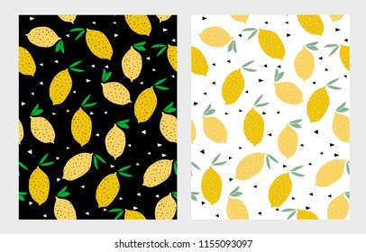 Cute Abstract Hand Drawn Citrus Vector Pattern. Yellow Lemons and Green Twigs Isolated on a White and Black Background. Vivid Colors Friuts Vector Design. Irregular Intantile Lemons Vector Pattern. 