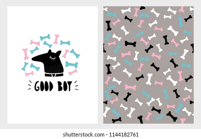 Cute Abstract Hand Drawn Dog Vector Illustration Set. Black Dog Head With  Bones Around on a White Background. Colorful Bones Pattern. Handwritten Black Good Boy Text. Simple Infantile Style Art.