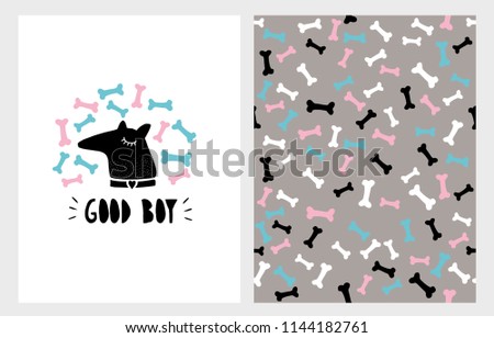 Cute Abstract Hand Drawn Dog Vector Illustration Set. Black Dog Head With  Bones Around on a White Background. Colorful Bones Pattern. Handwritten Black Good Boy Text. Simple Infantile Style Art.