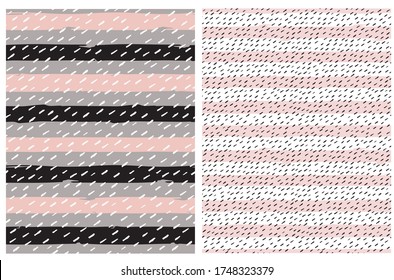 Cute Abstract Hand Drawn Geometric Vector Pattern. White Irregular Brush Spots and Stripes Isolated on a Pink and Gray Background. Lovely Pastel Color Striped Print. Funny Infantile Style Backdrop.