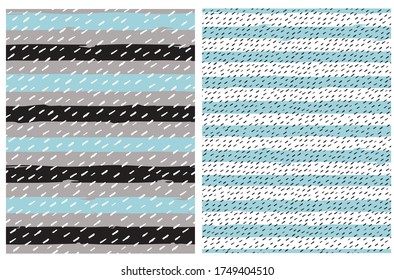 Patrón de vectores geométricos dibujado a mano. Cuadros y franjas de pincel irregulares blancos aislados en un fondo azul pálido y gris.Impresión con tiras de color pastel encantadora.Gracioso estilo infantil.