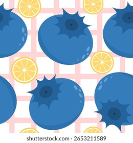 Cute abstract hand drawn seamless vector pattern illustration with blueberries and lemons on checkered background