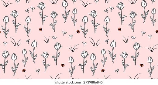 cute abstract hand drawn simple horizontal seamless vector pattern illustration with black and white poppy flowers, grass and red ladybug insects on pink background