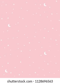 Cute Abstract Hand Drawn Starry Sky Vector Pattern. White Moons and Stars Isolated on a Pink Background. Sweet Pastel Starry Sky Seamless Vector Design. Lovely Pink Sky Decoration for Baby Girl.