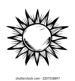 Cute abstract hand drawn sun. Sweet vector black and white sun drawing. Isolated monochrome doodle sun drawing on white background. Vector illustration