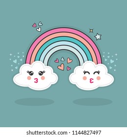 Cute abstract happy kissing emoji clouds and rainbow with hearts glitters in the sky with shadows on blue teal background