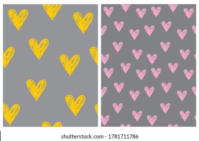 Cute Abstract Hearts Seamless Vector Pattern. Pink and Yellow Irregular Chalk Hearts Isolated on a Gray Background. Funny Romantic Infantile Style  Design. Irregular Valentine's Day Print.