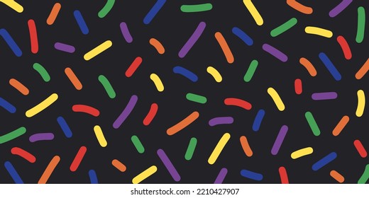 Cute abstract horizontal background with rainbow colored decorative sprinkles. Multi colored confetti on black backdrop. Pop art style textures. Vector design layout for banners, presentations, flyers