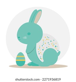 Cute abstract illustration of a bunny with an Easter egg in light blue pastel shades. Greeting card, postcard and flat icon of an Easter bunny