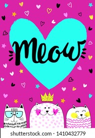 Cute abstract illustration with cute cartoon cats. Wallpaper for children and girls. 
Summer fashion girlish design for t-shirt 