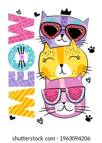 Cute abstract illustration with cartoon cats in glasses fruits. Design for children and girls. 
Summer fashion girlish print for t-shirt 