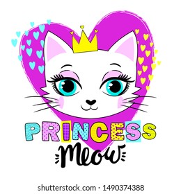 Cute abstract illustration with  cartoon princess cat. Wallpaper for children and girls. Pretty fashion girlish illustration for t-shirt design