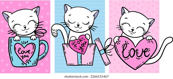 Ilustración abstracta con gatos. Diseño para niños y niñas. 
Impresión femenina de moda de San Valentín para camiseta 