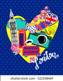 Cute abstract illustration with city LONDON on heart. background for children and girls. Pretty fashion girlish illustration for t-shirt design. Girlish print with camera, bus, Big Ben, british flag.