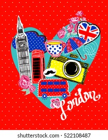 Cute abstract illustration with city LONDON on heart. background for children and girls. Pretty fashion girlish illustration for t-shirt design. Girlish print with camera, bus, Big Ben, british flag.