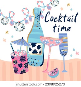 Cute abstract illustration with cocktail and wine bottle. Birthdays design for girls. 
Fashion girlish greeting card. 