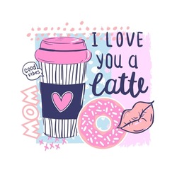 Cute Abstract Illustration With Cute Coffee Cup And Slogan. Design For Children And Girls. 
Summer Fashion Girlish T-shirt