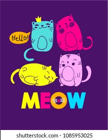 Cute abstract illustration with colorful cartoon cat.  Pretty fashion girlish compsition for t-shirt kids design