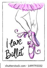 Cute abstract illustration with dancing ballerina in pointe shoes. Print for girls. Pretty fashion girlish illustration for t-shirt design