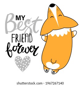 Cute abstract illustration with dog corgi. Pretty fashion girlish illustration for t-shirt design