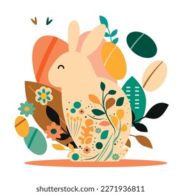 Cute abstract illustration of an Easter bunny surrounded by plants, flowers and colorful Easter eggs. Greeting card, postcard and flat icon of an Easter bunny