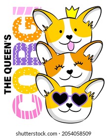 Ilustración abstracta con heces adorables corgi de perro. Diseño para niños y niñas. 
Moda de verano estampada femenina para camiseta 