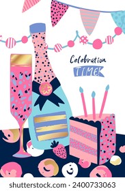 Cute abstract illustration with glass, champagne and cake. Birthdays design for girls. 
Fashion girlish greeting card