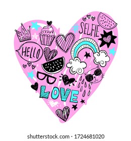 Cute abstract illustration with heart. Background for children and girls. Pretty fashion girlish illustration for t-shirt design. Girlish print 