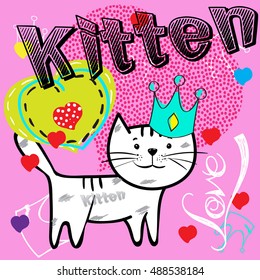Cute abstract illustration with hearts, ornament, cat with heart. Wallpaper for children and girls. Pretty fashion girlish illustration for t-shirt design