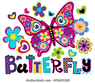 Cute abstract illustration with hearts, ornament, letters, cartoon colorful butterfly with heart for kids desing. Wallpaper for girls. Pretty fashion girlish illustration for t-shirt design. 