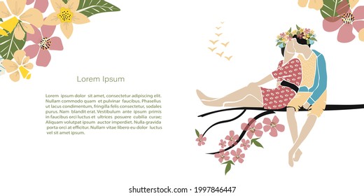 Cute abstract  illustrations flowers, couple in love, people and spring or summer mood.  Vector poster or banner, card, invitation, placard, brochure, flyer and other. Contemporary, minimalism 