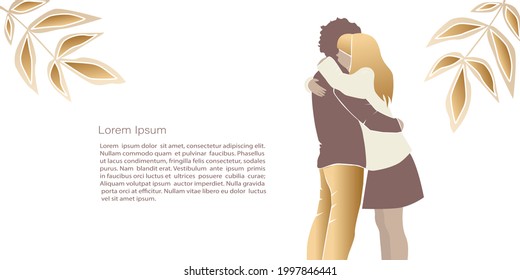 Cute abstract  illustrations lovers,  abstract couple shapes and silhouette in gold colour. Vector poster or banner, card, invitation, placard, brochure, flyer and other. Contemporary, minimalism 