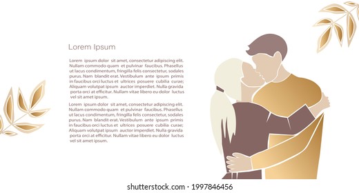 Cute abstract  illustrations lovers,  abstract couple shapes and silhouette in gold colour. Vector poster or banner, card, invitation, placard, brochure, flyer and other. Contemporary, minimalism 