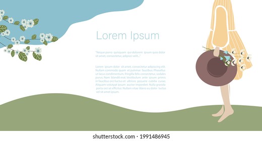 Ilustraciones abstractas muy bonitas, personas y primavera y verano. Chica romántica con sombrero en la mano en el campo verde. Plantilla vectorial con espacio de copia para invitación, tarjetas o banner y afiche, Página de inicio 